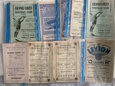 Romford Amateur Cup Football Programmes: Away at 37/38 Leyton, 48/49 Billingham Synthonia, Home 49/50 Windsor + Eton, Clapton plus 5 more from the 50s. Very good. (8)