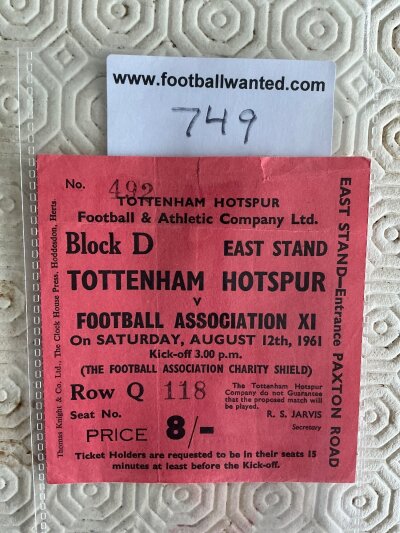 1961 Charity Shield Football Ticket: Tottenham v FA X1  ticket in very good condition.