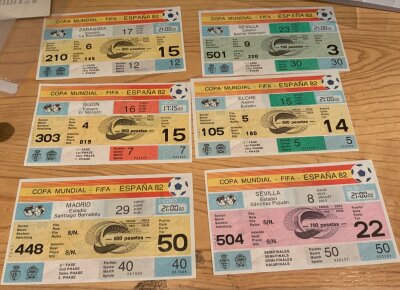 1982 World Cup Football Tickets: Original excellent condition tickets for Hungary v El Salvador, West Germany v Algeria, Yugoslavia v Northern Ireland, Honduras v Northern Ireland, Belgium v Hungary, Brazil v New Zealand, Honduras v Yugoslavia, Austria v France, Poland v Belgium, West Germany v England, Austria v Northern Ireland, West Germany v France semi final. (12)