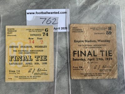 1938 + 1939 FA Cup Final Football Tickets: 1938 in very good condition with 1939 good with folding. (2)