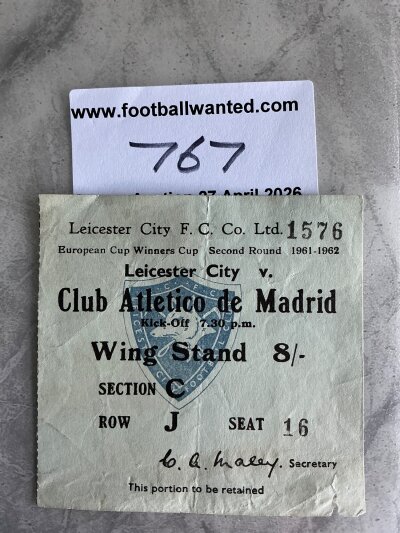 61/62 Leicester City v Athletico Madrid ECWC Football Ticket: Harder to obtain ticket for the Cup Winners Cup match at Filbert Street. Fold and slight wear at bottom edge. Fair/good.