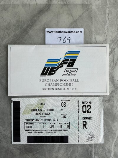 Euro 92 Yugoslavia v England Unused Football Ticket: Yugoslavia famously did not enter the competition due to war in the Balkans and Denmark who replaced them won the tournament. This match did not take place. Excellent condition and comes with Euro 92 ticket holder. (2)
