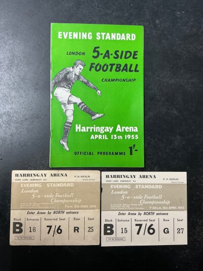 London 5 A Side 1955 + 1958 Football Tickets: 1955 was the year Fulham beat West Ham and comes with programme plus 1958 ticket. This was the year Orient won the tournament. (3)