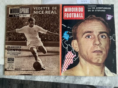 Gento + Di Stefano Signed Football Pictures: Both featured on the front of large individual foreign magazines. Hand signed by both without dedication by the Real Madrid legends. (2)
