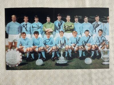 Manchester City Signed Football Magazine Pictures: 1969 team signed by 10 and many others from the 60s and 70s to include Bell Summerbee Doyle Corrigan Lee and Book. Most are large pictures neatly kept in collectors folder.