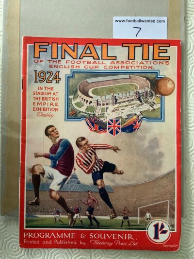 1924 FA Cup Final Football Programme: Aston Villa v Newcastle in original excellent condition. Best one we have seen as these have usually had a lot of restoration but this has stayed in great condition for the 102 year old programme and rarest programme at Wembley. No team changes but score written on team page inside.