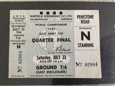 1966 World Cup West Germany v Hungary Unused Football Ticket: Ticket and attached counterfoil for match dated 23 7 1966 at Hillsborough. Excellent.