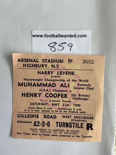 1966 Muhammad Ali v Henry Cooper Boxing Ticket: Held at Arsenal for the Heavyweight Championship Of The World. Excellent condition.