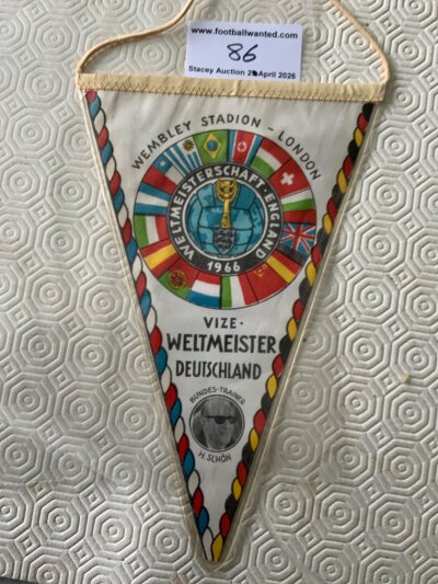 1966 World Cup West Germany Football Pennant: Colourful one side with participating nations flags. The reverse has a colour border and black and white head shots of the players. Original good condition pennant from 60 years ago.