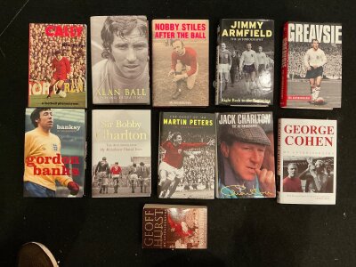 1966 England World Cup Footballer Signed Football Books: Hardback autobiographies hand signed without dedication by Banks B Charlton J Charlton Peters Cohen Armfield Greaves Stiles and Ball plus soft cover books by Hurst and Callaghan. Excellent. (11)