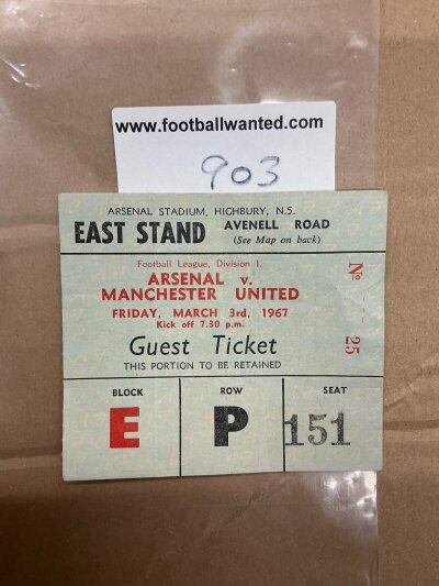 66/67 Arsenal v Manchester United Football Ticket: 1st division match ticket dated 3 3 1967 in season Man Utd won the championship.