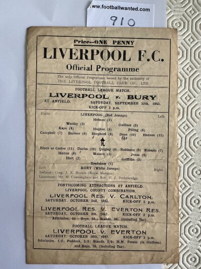 43/44 Liverpool v Bury Football Programme: League match dated 25 9 1943 with scorers noted but no team changes. Single sheet with creasing.