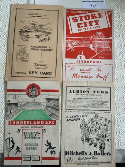 Liverpool 52/53 Away Football Programmes: Matches at Sunderland West Brom Middlesbrough and Stoke in excellent condition with no writing. (4)