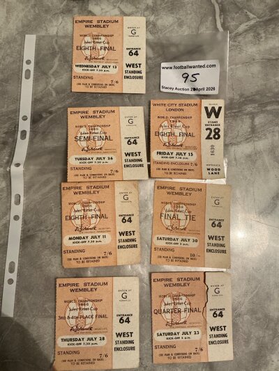 1966 World Cup Football Tickets: Includes England matches v Portugal, Uruguay, Argentina tear, West Germany final, France v Mexico + Uruguay plus 3rd place play off. Good unless stated. (7)