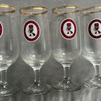 1966 World Cup Watney Mann Drinking Glasses: 4 original half pint glasses with gold rim featuring World Cup Willie holding a barrel inside the words Watney Mann World Cup Ale. (4)