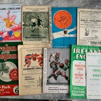 England Away Football Programmes: 1954 World Cup v Belgium, 1947 Wales, 1955 Denmark, 1946 1948 1954 Ireland, 1956 Germany, 1960 Hungary, 1964 Holland. Excellent. (9)