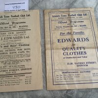 1940s Ipswich Town v Reading Reserves Football Programmes: 45/46 dated 6 4 1946 with professional repair to punch holes and writing to cover. C/W 47/48 on Christmas Day with folding but no writing. (2)