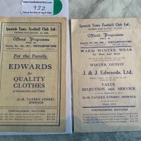 1940s Ipswich Town v Northampton Reserves Football Programmes: 46/47 + 47/48 in very good condition with no writing. (2)