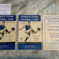 1940s Ipswich Town v Watford Reserves Football Programmes: 47/48 Combination Cup and 49/50 league both excellent and cup with hole at staple area. No writing. (3)