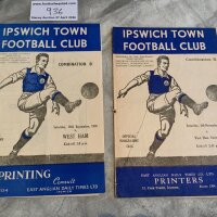Ipswich Town v West Ham Reserves Football Programmes: 49/50 team changes and 50/51 with no writing. Both very good. (2)