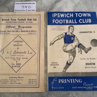 Ipswich Town v Brighton Reserves Football Programmes: 48/49 team changes and 50/51 with no writing. Both very good. (2)