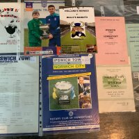 Ipswich Town Home Charity Match + Other Football Programmes: 58/59 + 59/60 Norwich, 60/61 Suffolk FA, 68/69 Lowestoft Suffolk Premier Cup, 70/71 Showbiz X1, 78/79 Suffolk v Herts. C/W Hospital Cup matches 1990 + 2015 plus a 2009 James Holland stag programme. Excellent. (9)
