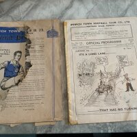 Ipswich Town Pre War Damaged Home Football Programmes: 37/38 Sunderland no covers, 38/39 Cardiff piece of front cover and back page is reproduction, Torquay back cover reproduction, Aston Villa tatty top edge, tape and tear, Torquay no covers, 39/40 Norwich (2 9 1939) has 3/4 missing from cover and team photo inside with back page tatty. (6)