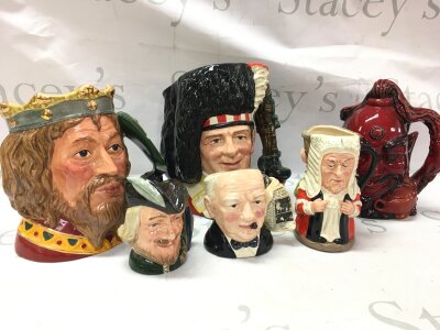 Royal Doulton character jugs including King Arthur, Aladdins Genie, Robin Hood etc NO RESERVE
