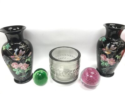 Glass cut vase , a pair of 20th century vases decorated with enamel flowers and bird design and two modern glass paperweights. 7 to 24cm tall NO RESERVE