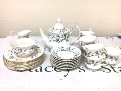 A Royal Albert Brigadoon pattern bone china tea set. Six place setting with one extra cup no obvious damage.