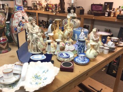 A collection of ceramics , Doulton figures, royal Worcester, Wedgwood etc