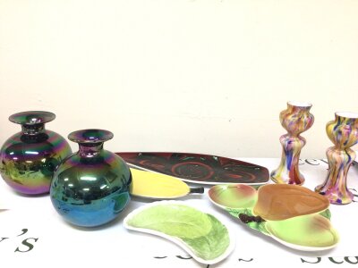 A pair of lustre vases a large Poole pottery dish a pair of art glass vases and other ceramics.