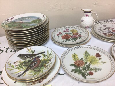 A Collection of Worcester and Danish Bing & Grondahl decorative botanical garden birds and rural Scence with animals designed by Peter Barnett and a Coalport jug.