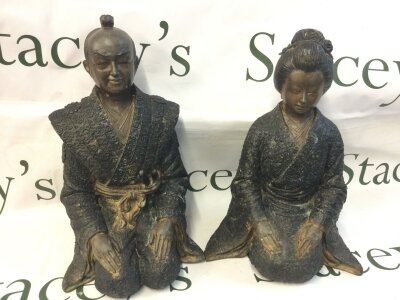 A pair of Kneeling Japanese bronze figures, Samurai and Geisha. 28cm tall