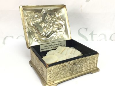 A lot of 45 different Chinese mother of pearl gaming counters inside Chinese dragon bronze box, 12cm long x 10cm wide x 6cm high