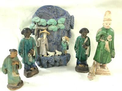 Chinese sancai glazed pottery figures. 13 to 27cm tall