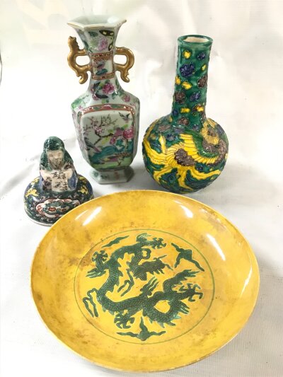 Four Chinese ceramics yellow glaze dragon dish (18cm wide), Cantonese Famille Rose vase (18cm tall) , Green Ground Vase and a Figural Lid (17cm tall)