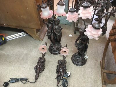 A pair of figural lamp bases and mounting wall lights, no reserve. 76 and 54cm tall. (4)