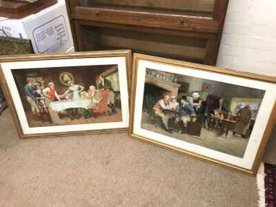 Two Victorian framed prints after John A Lomax, The Reconciliation and The Story of the Elopement and three 20th century framed prints of coastal towns and at sea. Also including a hunting scene framed watercolour (6) NO RESERVE