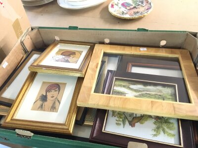 A box of two watercolours , six prints, a wooden frame