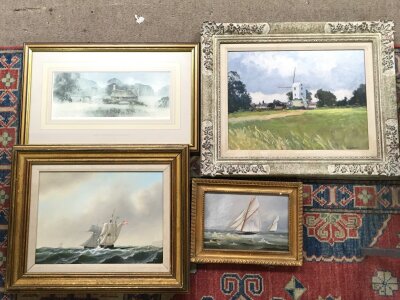 Four paintings including an oil painting by J. Bourne of a sailing ship, Jim Thompson oil of two ships, R.G MARTIN oil of a windmill,  Audrey Hammond limited Edition of 500 print farm at Suderley hill