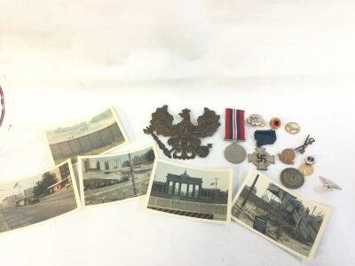 1914/18 pickelhaube badge and assortment of German and British badges etc and photos of the Berlin wall