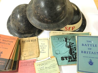 3 X WWII MK2 Brodie Style Helmets And A Collection Of War Time Paper Work/Leaflets Etc.