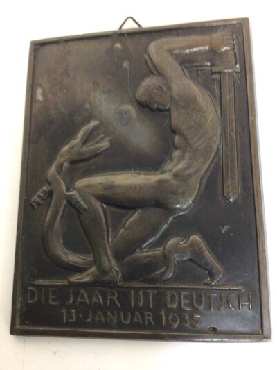 A German Third Reich 1935 commemorative plaque. Made to commemorate the unification of the Saar Territory reunited to Germany.