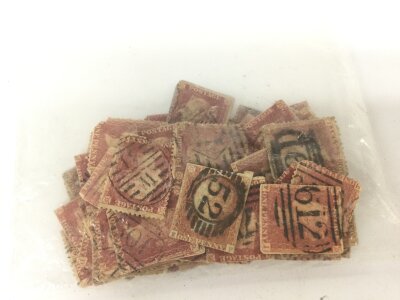 A lot of 100 Queen Victoria penny red stamps 1840-1850s, used