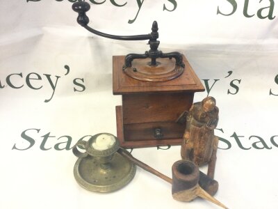 A vintage coffee grinder , 19th century Austrian figure, two pipes, candle holder