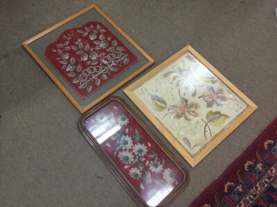 Beaded and needlework pictures (3). Dimensions 50x53cm and 28x58cm