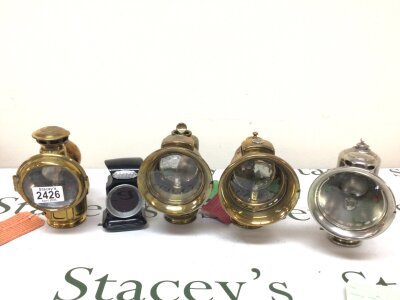 Five Vintage quality Cycle lamps maker Joseph Lucas and others three brass one with a chrome finish and a small black lamp all very good condition . (4)