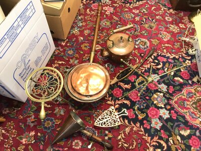 copper brass ware and fire place items NO RESERVE