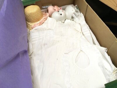 Antique cotton baby/ doll clothes (various) , porcelain heads etc